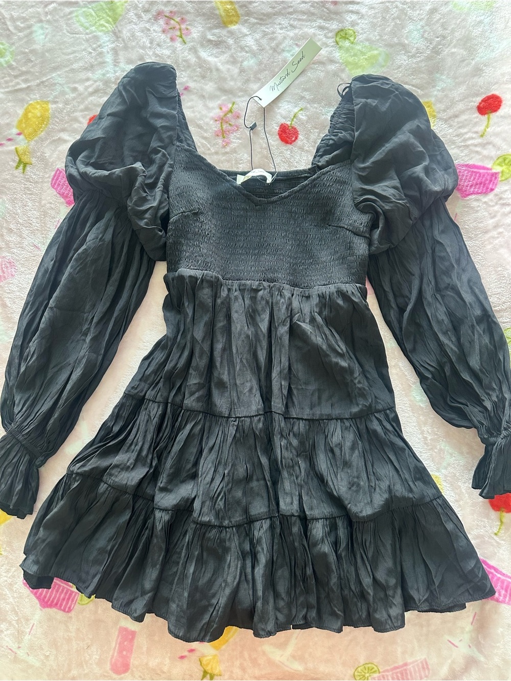 Mustard Seed Black Smocked Dress with Puff Sleeves